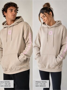 Overtime Pullover Hoodie Beige Pink Logo Fleece Sweatshirt Size Medium Unisex